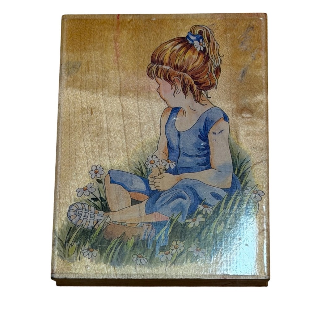 Stamps Happen Girl with Daisies #80058 Wood Mounted Rubber Stamp Vtg Card Scrap